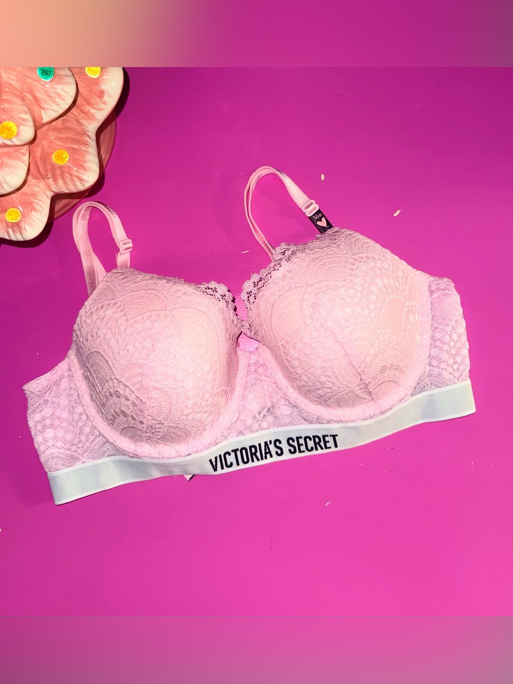 Victorias Secret pink lace lined demi bra NWT 36B logo VS band